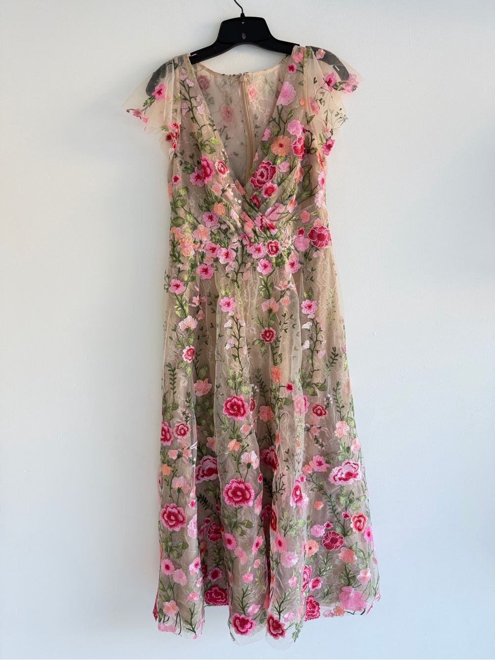 Mac Duggal Beige Floral Embroidered Flutter Sleeve Midi Dress 8 57173 - Picture 7 of 16